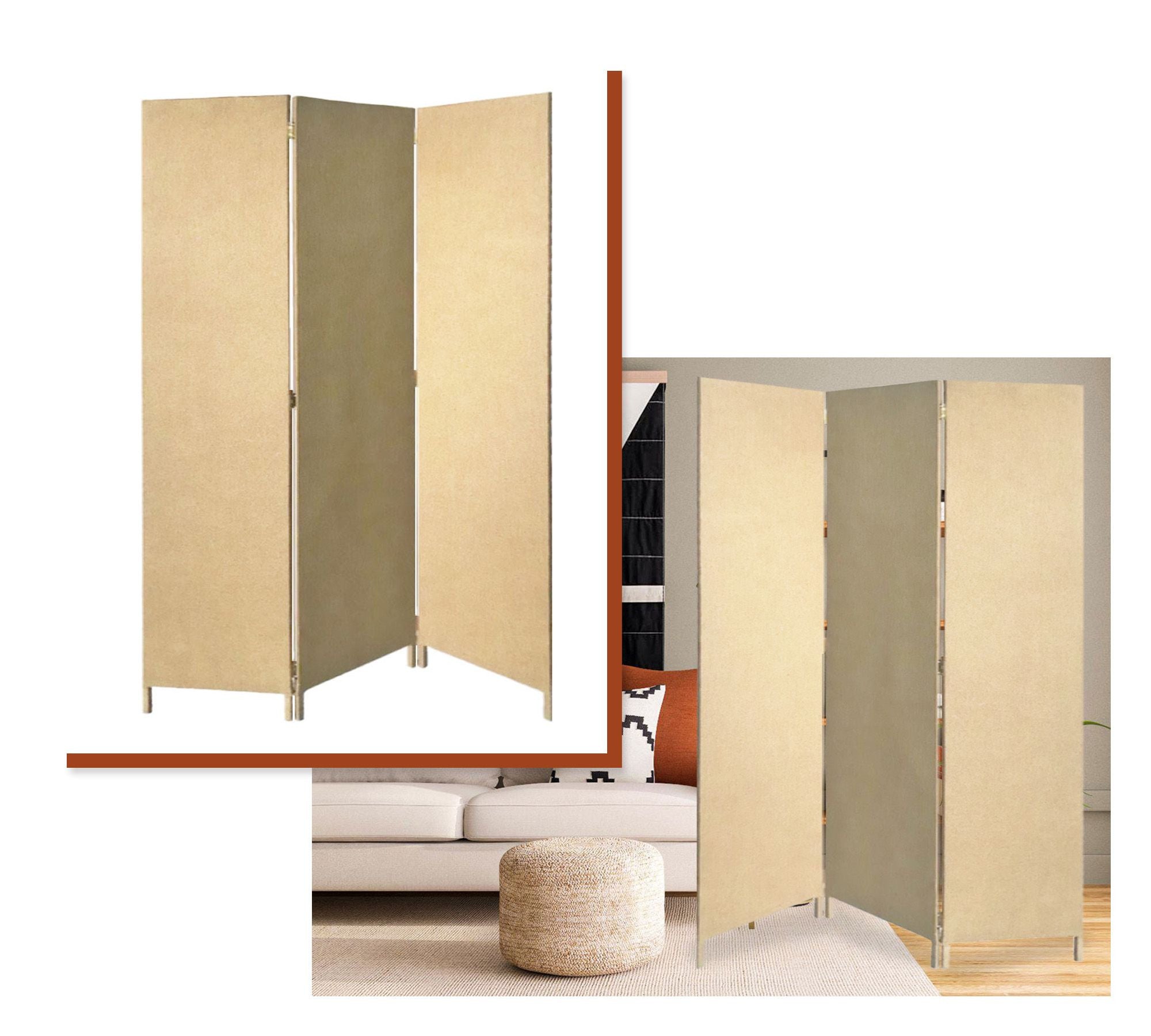71" Beige Folding Three Panel Screen Room Divider