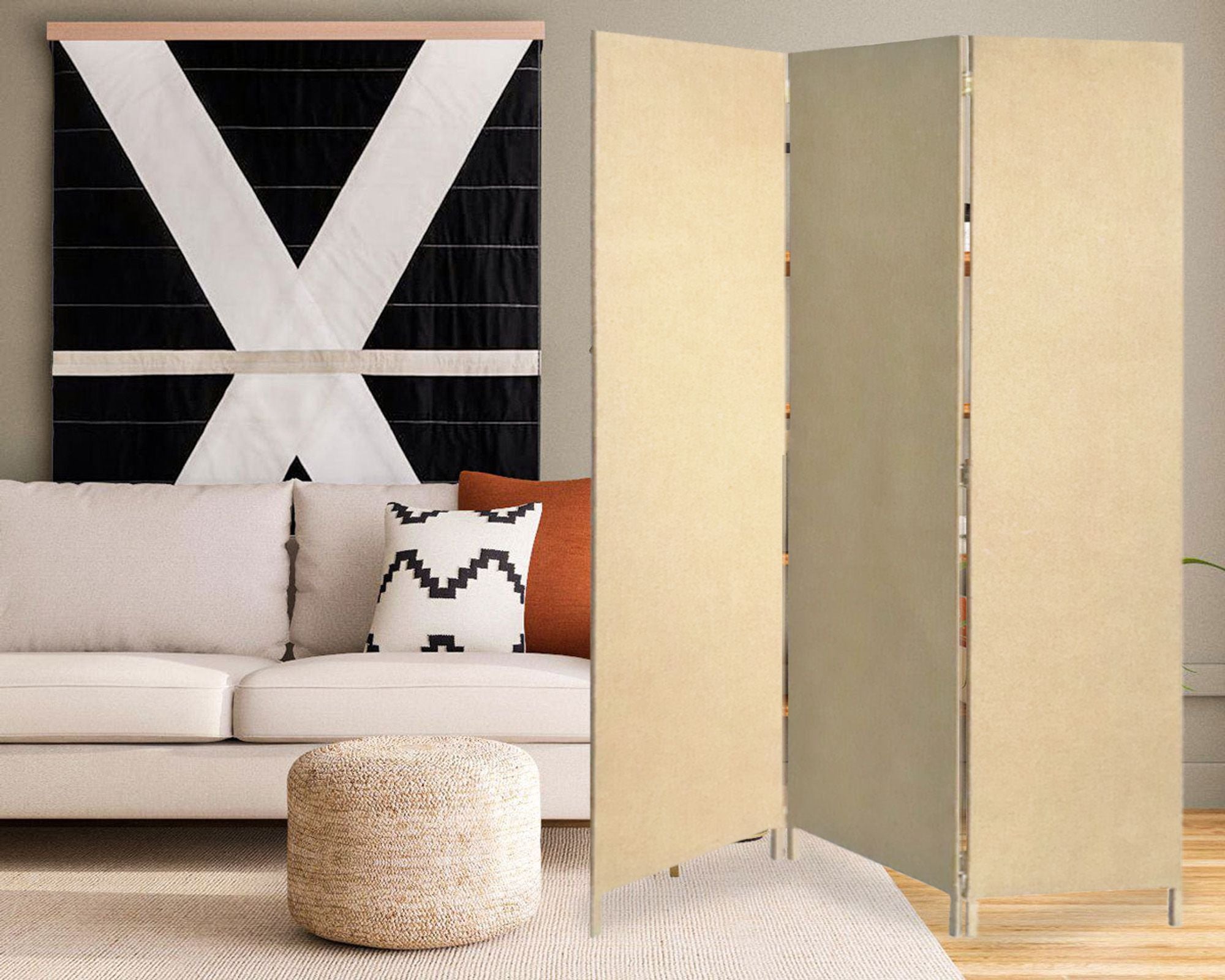 71" Beige Folding Three Panel Screen Room Divider