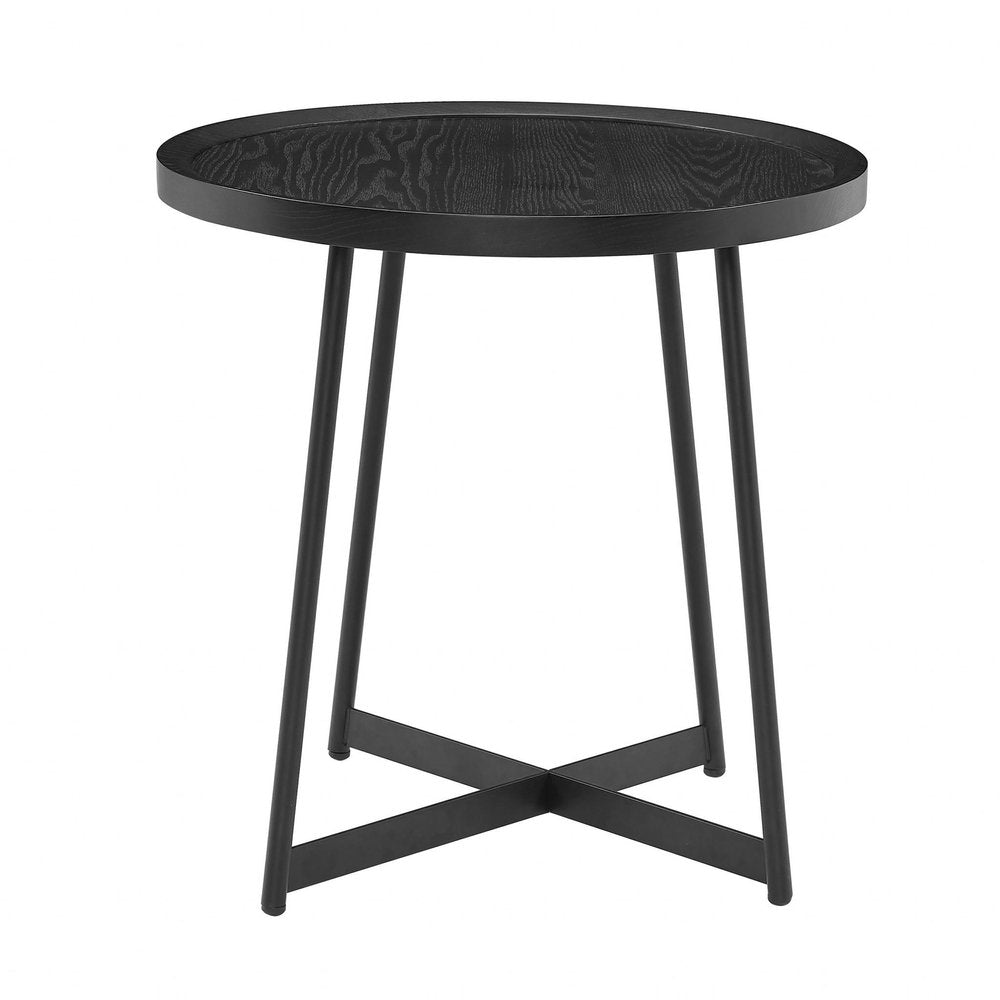 21.66" X 21.66" X 22.05" Round Side Table In Black Ash Wood And Black