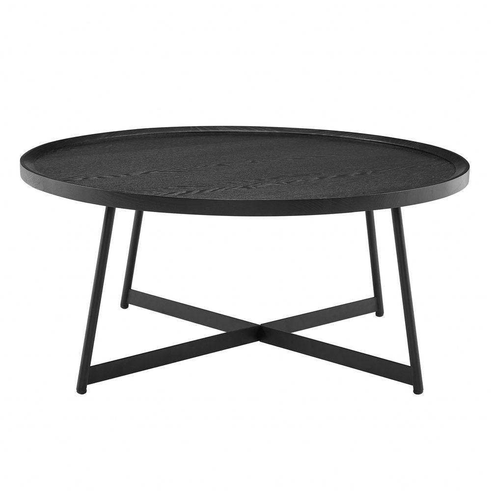 35" Black Wood And Metal Round Frame Coffee Table