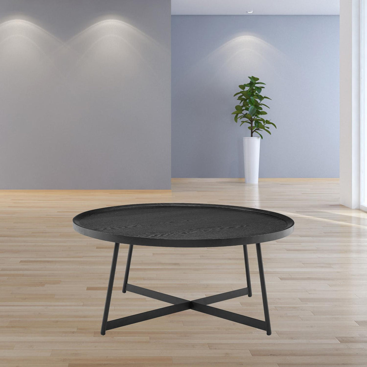 35" Black Wood And Metal Round Frame Coffee Table