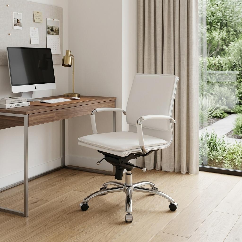 White and Silver Adjustable Swivel Faux Leather Rolling Conference Office Chair