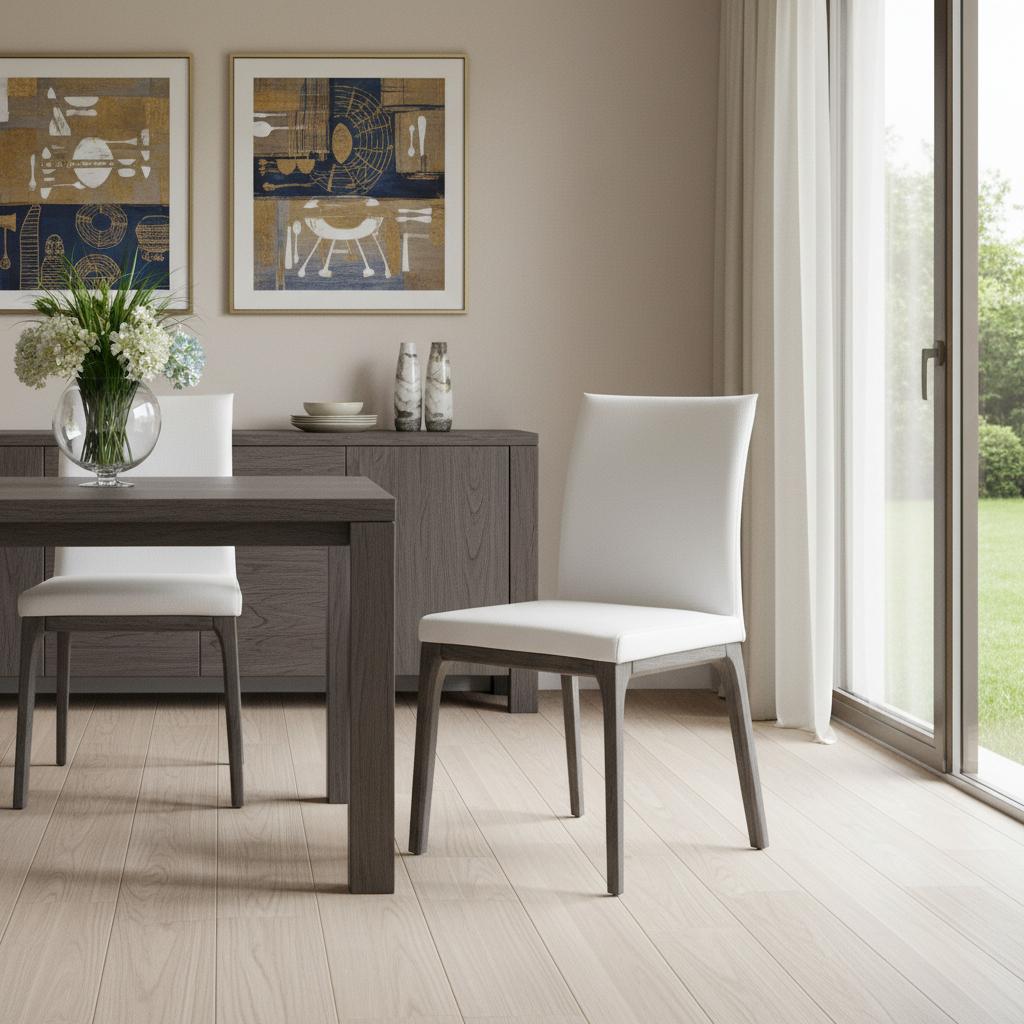 Set of Two White and Gray Upholstered Faux Leather Dining Side Chairs