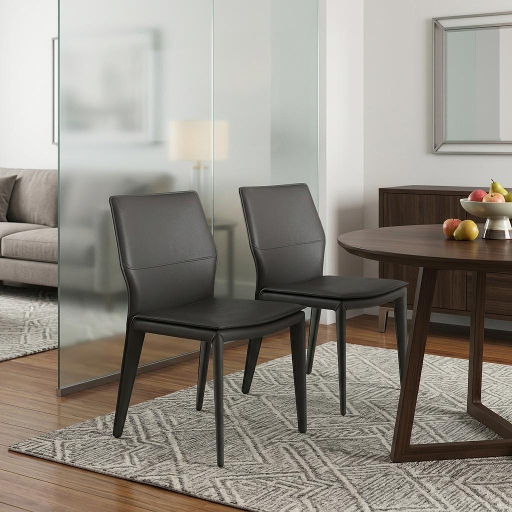 Set of Two Gray Slipcovered Upholstered Faux Leather Dining Side Chairs