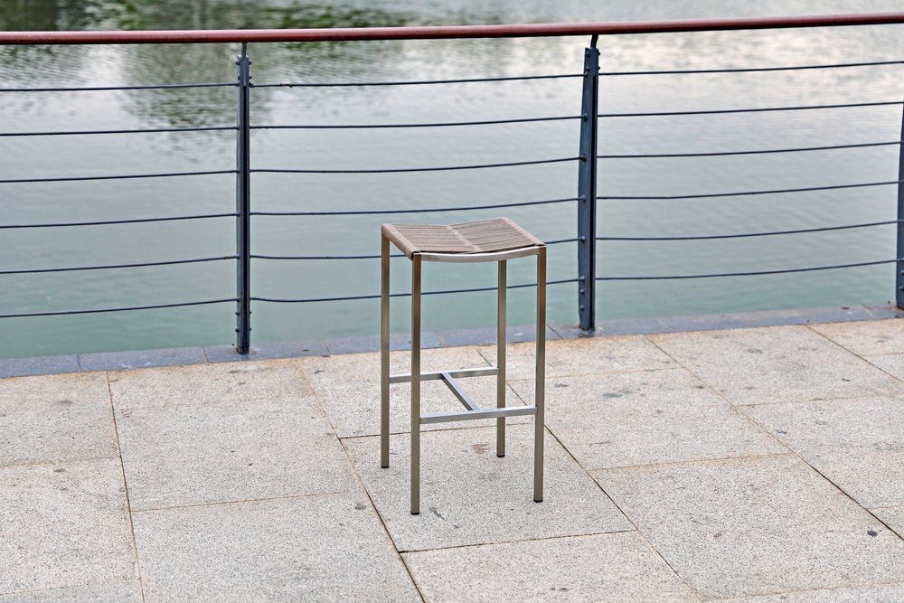 Set of Four 28" Brown and Silver Iron and Steel Backless Counter Height Bar Chairs