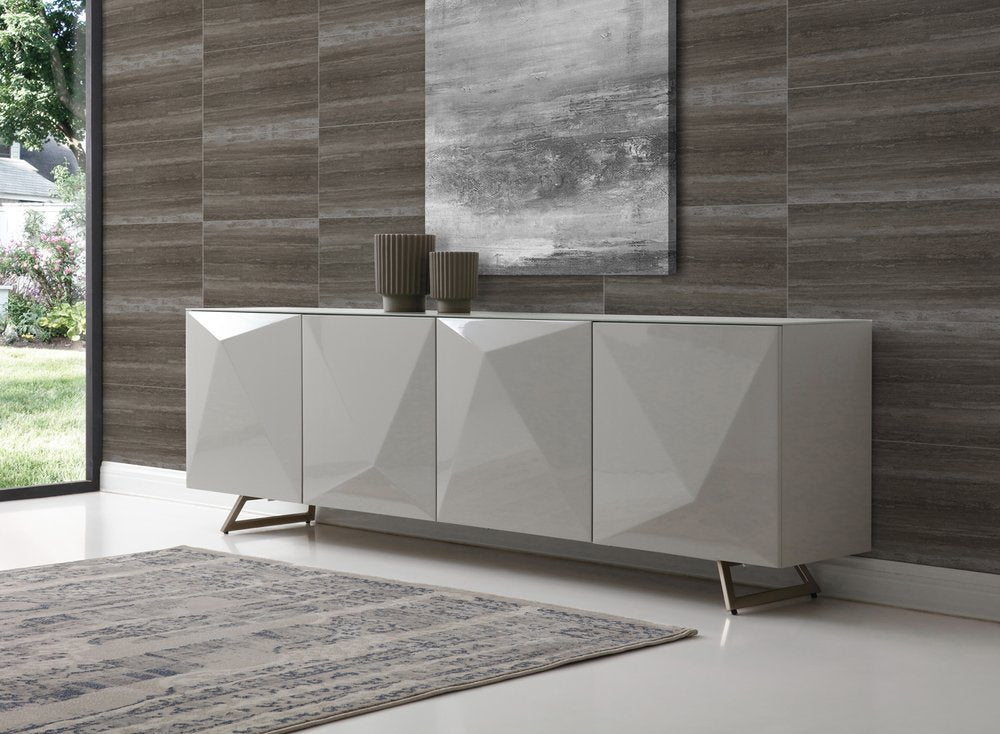 94" Gray Wood And Glass Carved Geometric Sideboard