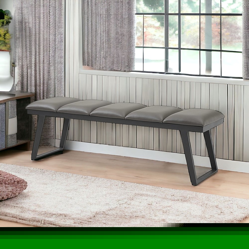 57" Gray Upholstered Faux Leather Bench