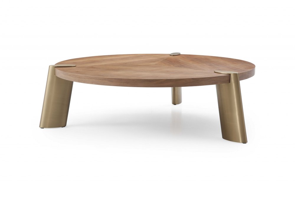 55" Brown and Gold Wood And Stainless Steel Round Coffee Table