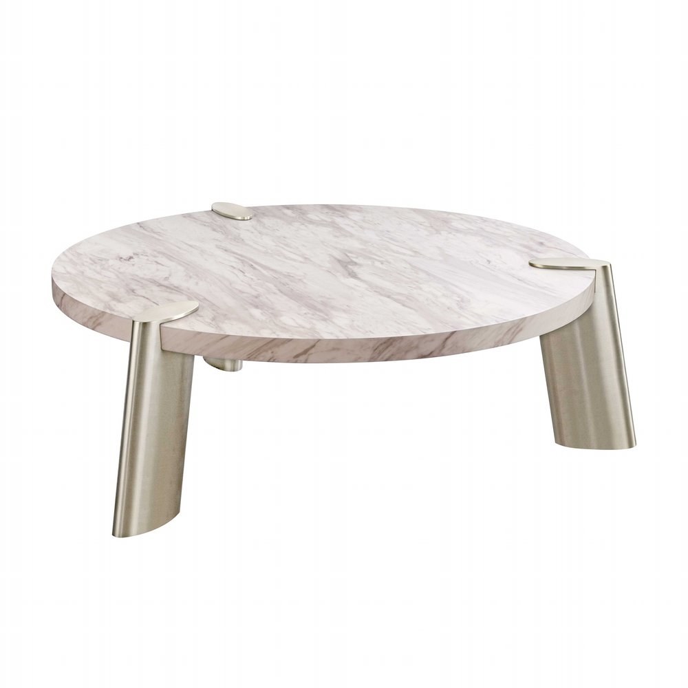 48" White and Silver Marble and Stainless Steel Round Coffee Table
