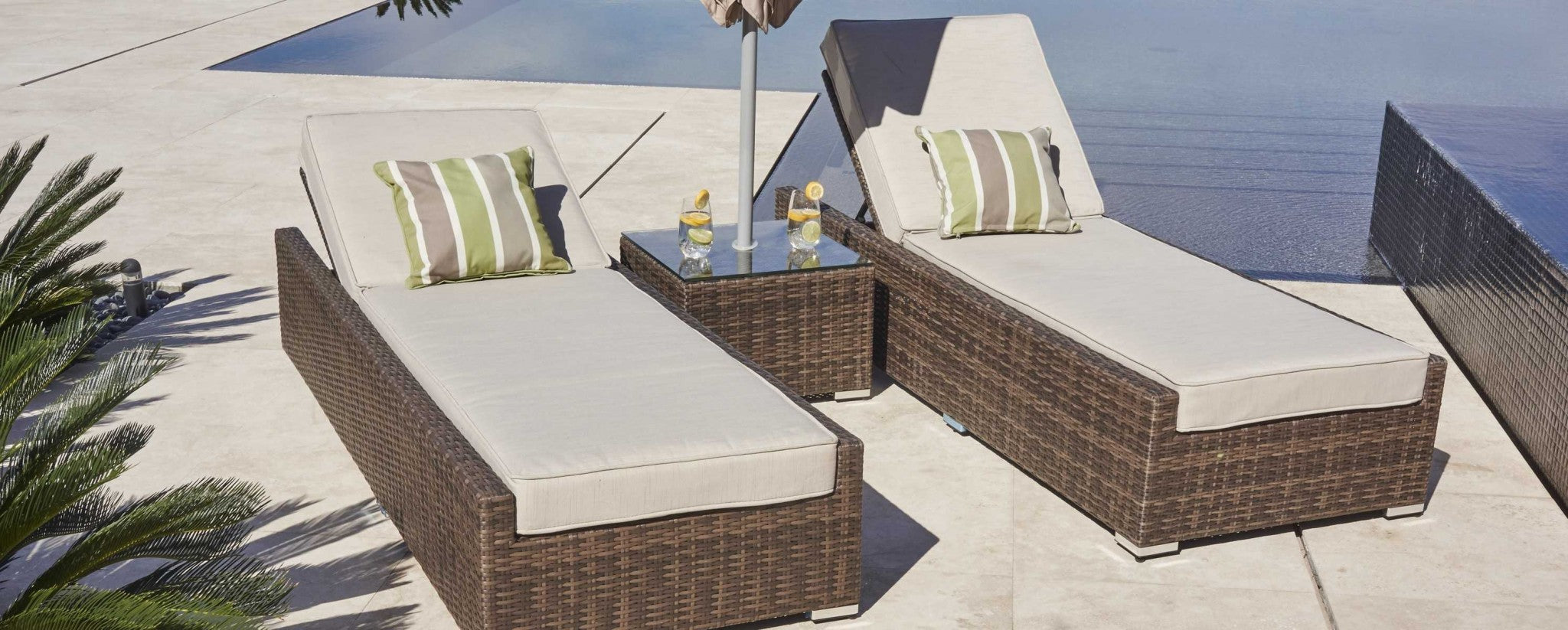 78" Set of Two Brown Indoor Outdoor Chaise Lounge with Beige Cushion