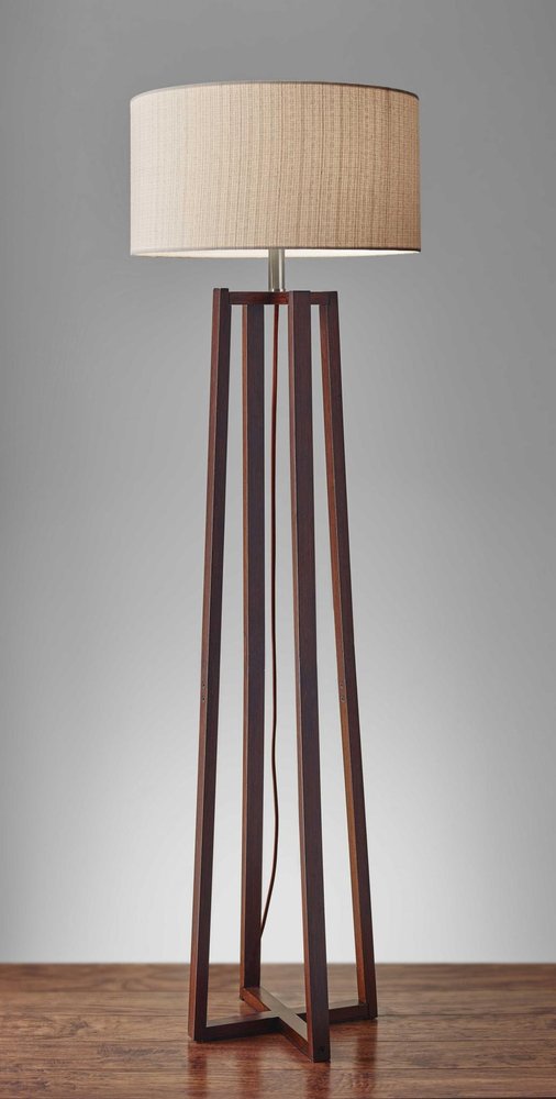 60" Brown Solid Wood Novelty Floor Lamp With Beige Fabric Drum Shade