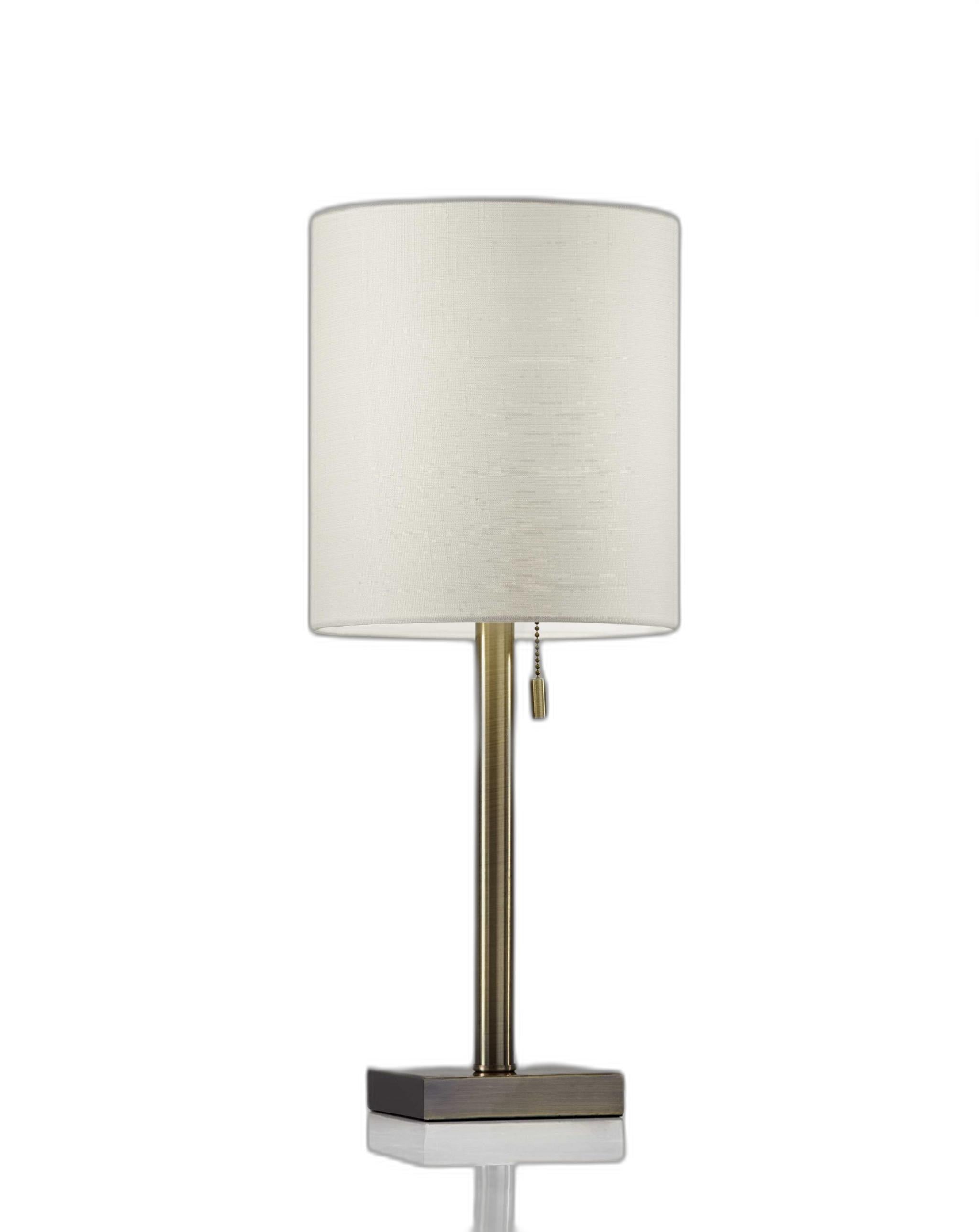 22" Antiqued Brass Metal Cylinder Table Lamp With Off White Drum Shade