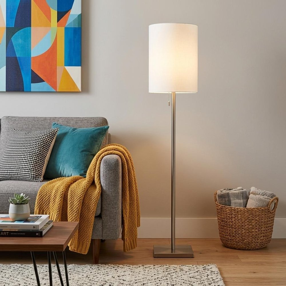 61" Brass Metal Floor Lamp With White Fabric Cylinder Shade