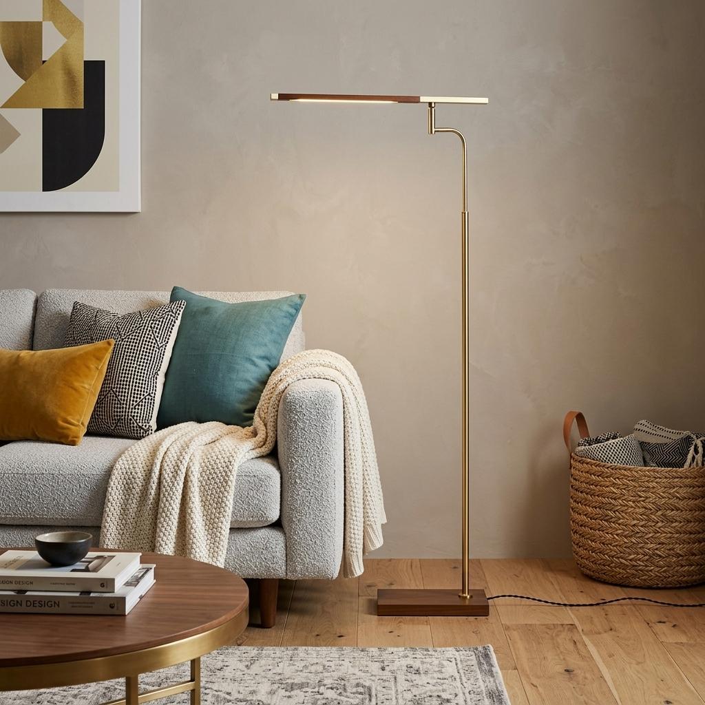 63" Brown LED Task Floor Lamp With Brass