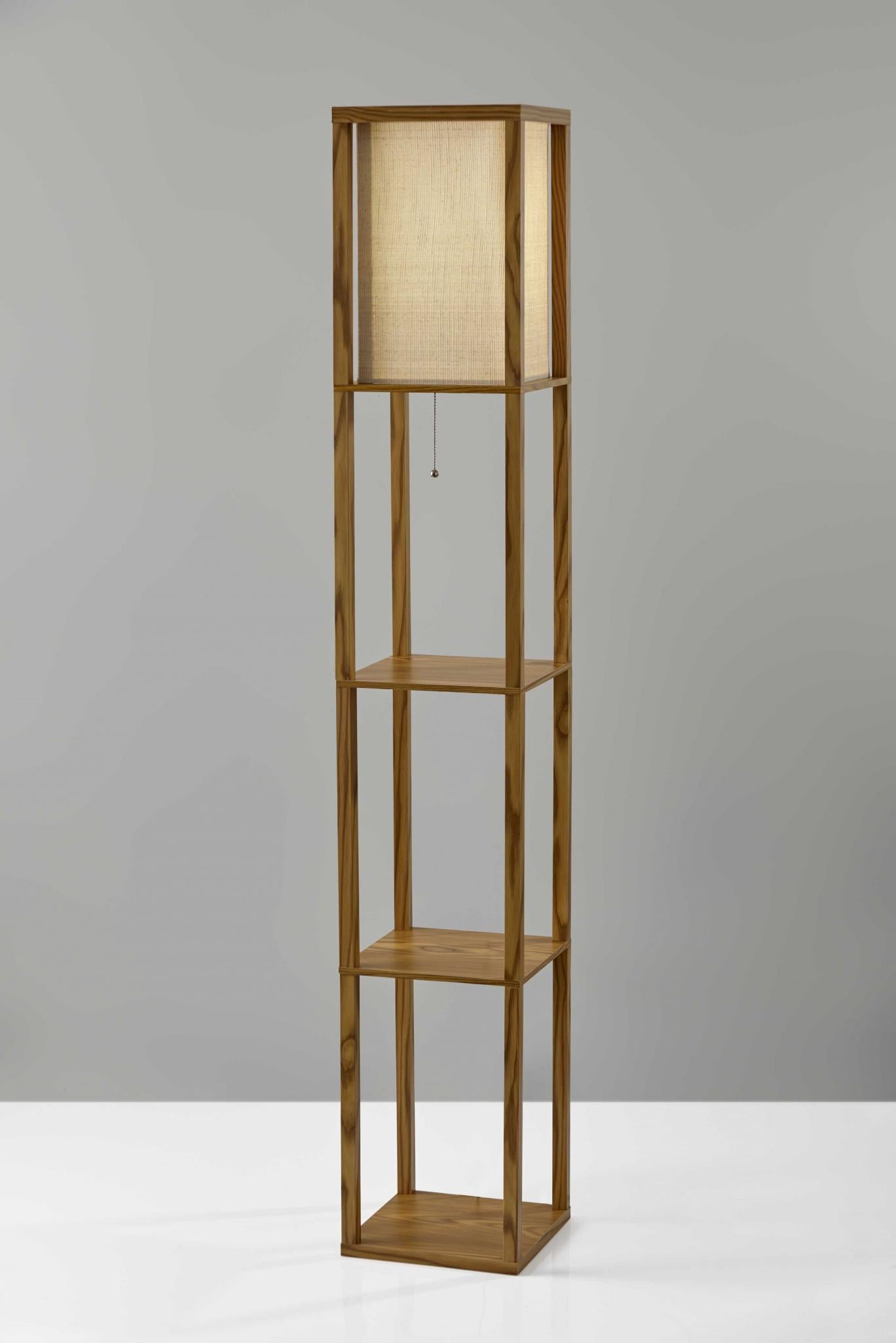 63" Natural Solid Wood Column With Brown Fabric Shade