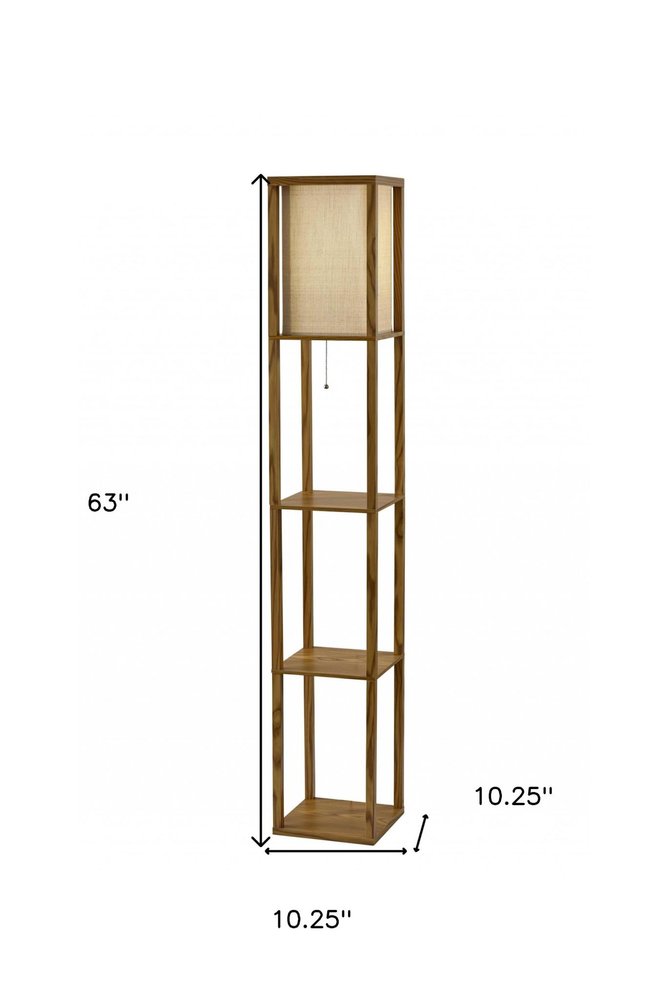 63" Black And White Solid Wood Column Floor Lamp With White Fabric Square Shade