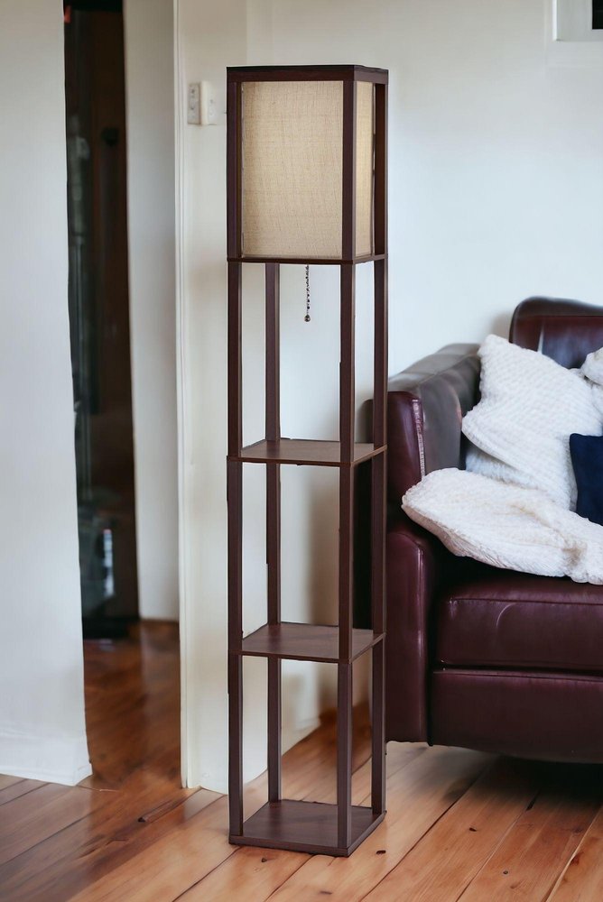 63" Black And White Solid Wood Column Floor Lamp With White Fabric Square Shade