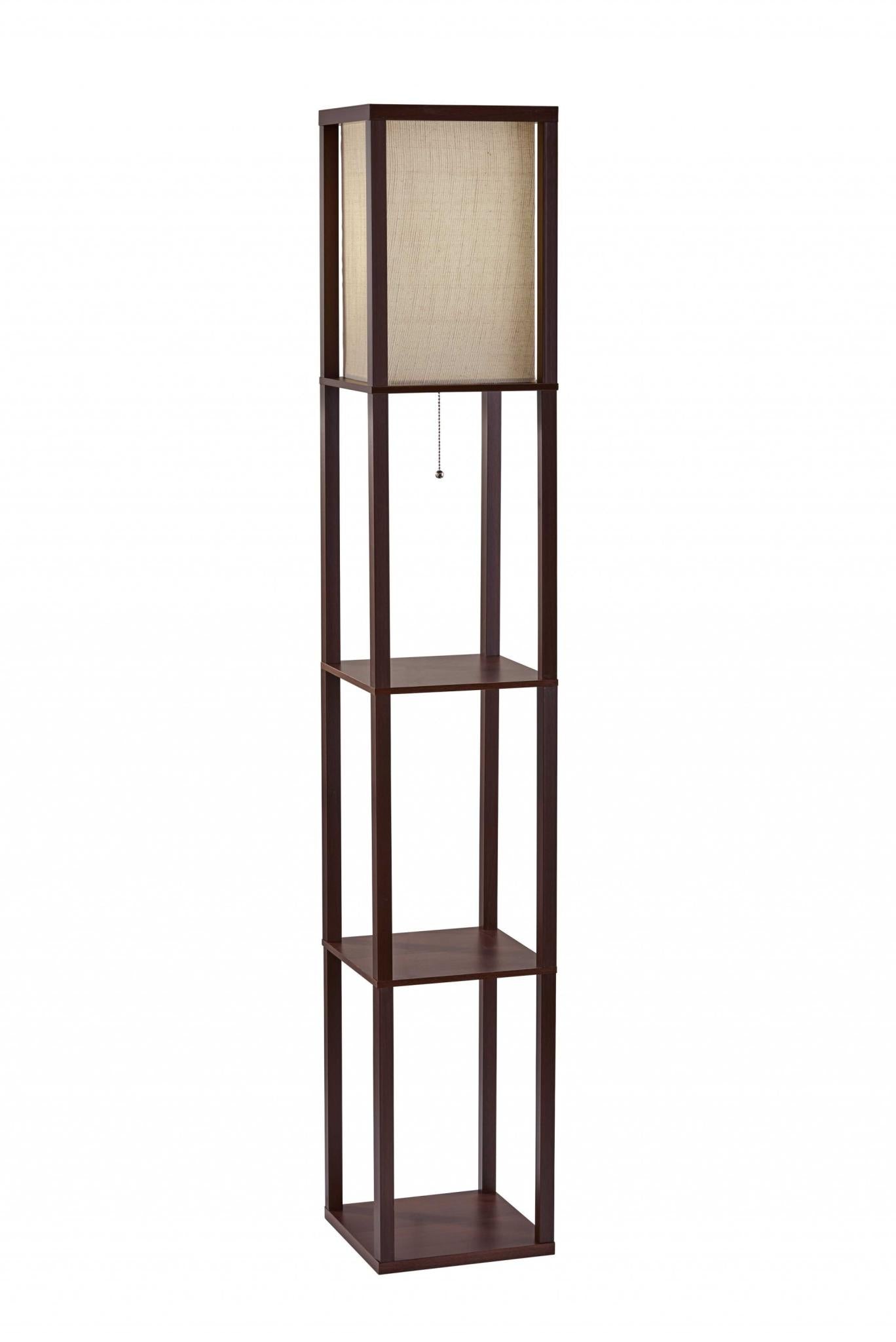 63" Brown Column Floor Lamp With Beige Fabric Square Shade
