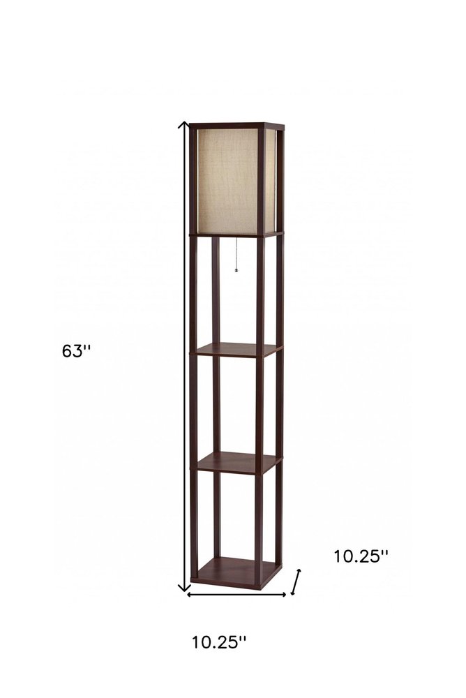 63" Black And White Solid Wood Column Floor Lamp With White Fabric Square Shade