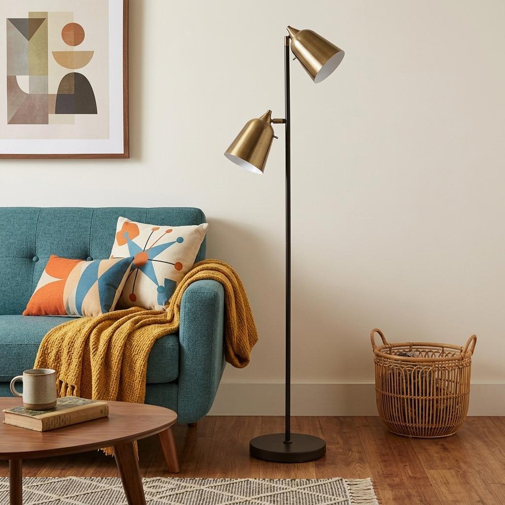 58" Black Two Light Task Floor Lamp With Antiqued Brass Metal Cone Shade