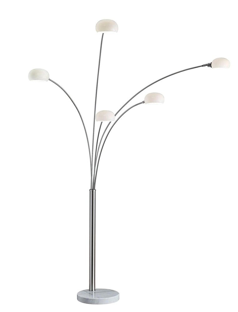 86" Steel Five Light Tree Floor Lamp With White Glass Dome Shade