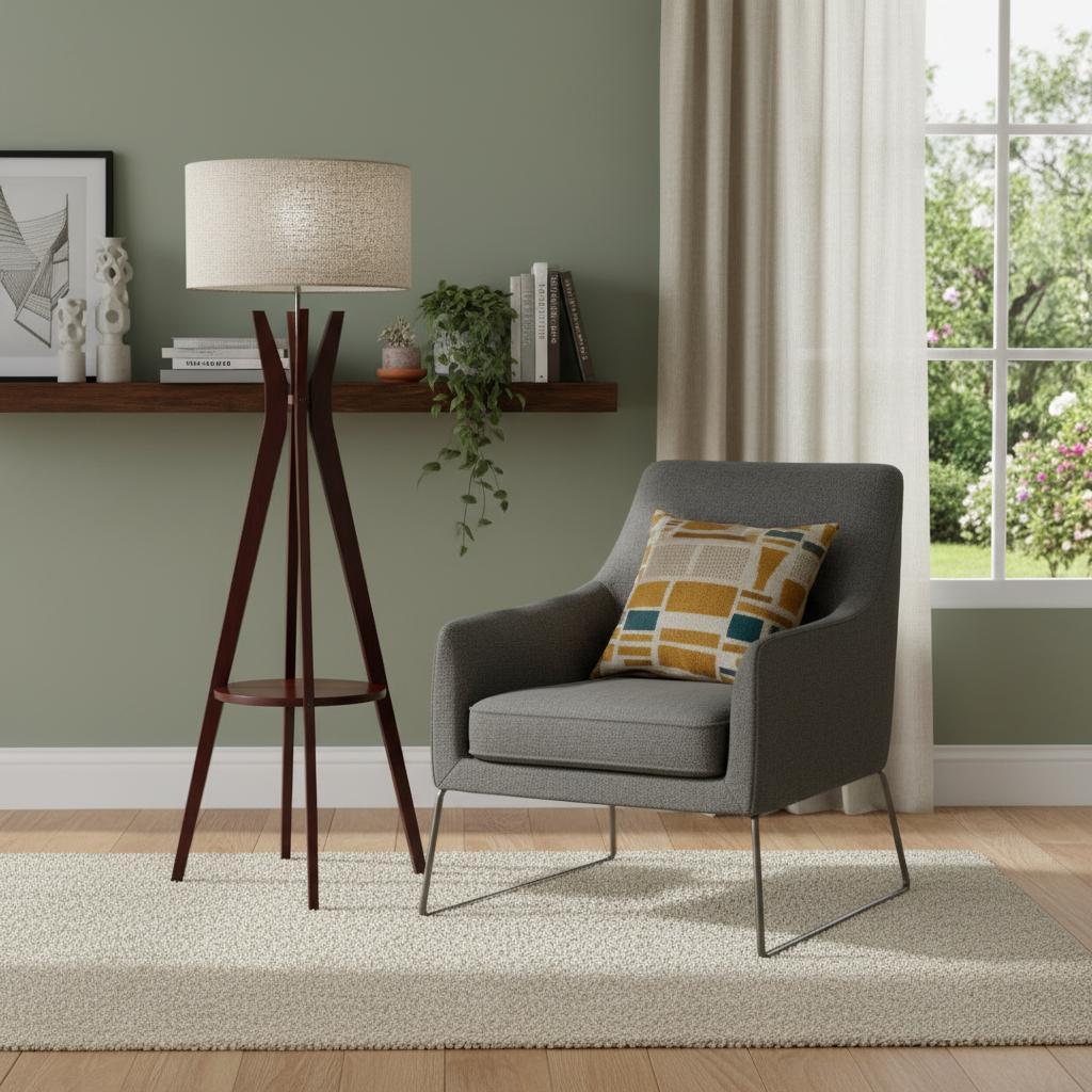60" Brown And White Solid Wood Tripod Floor Lamp With White Fabric Drum Shade