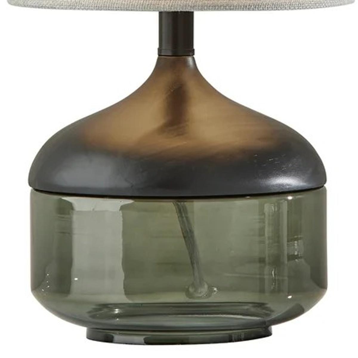 16" Black And Dark Green Wood And Smoked Glass Table Lamp With Beige Drum Shade