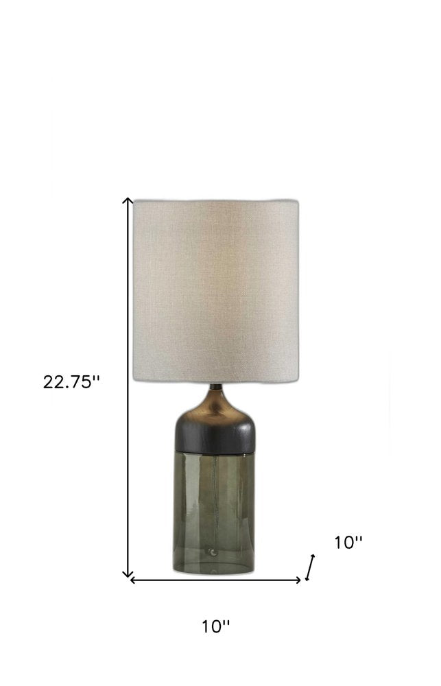 23" Black Wood And Smoked Glass Bedside Lamp With Gray Drum Shade