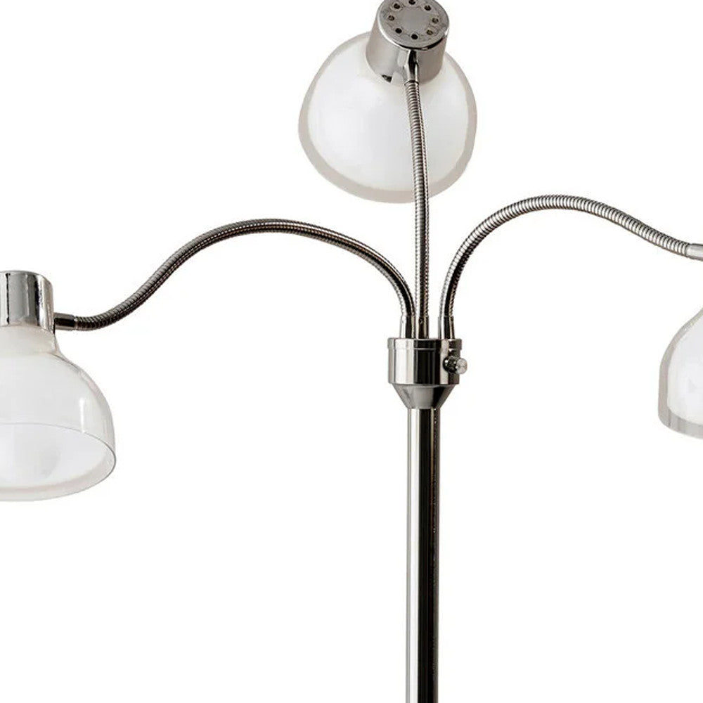 69" Silver Three Light Tree Floor Lamp With White Plastic Bowl Shade