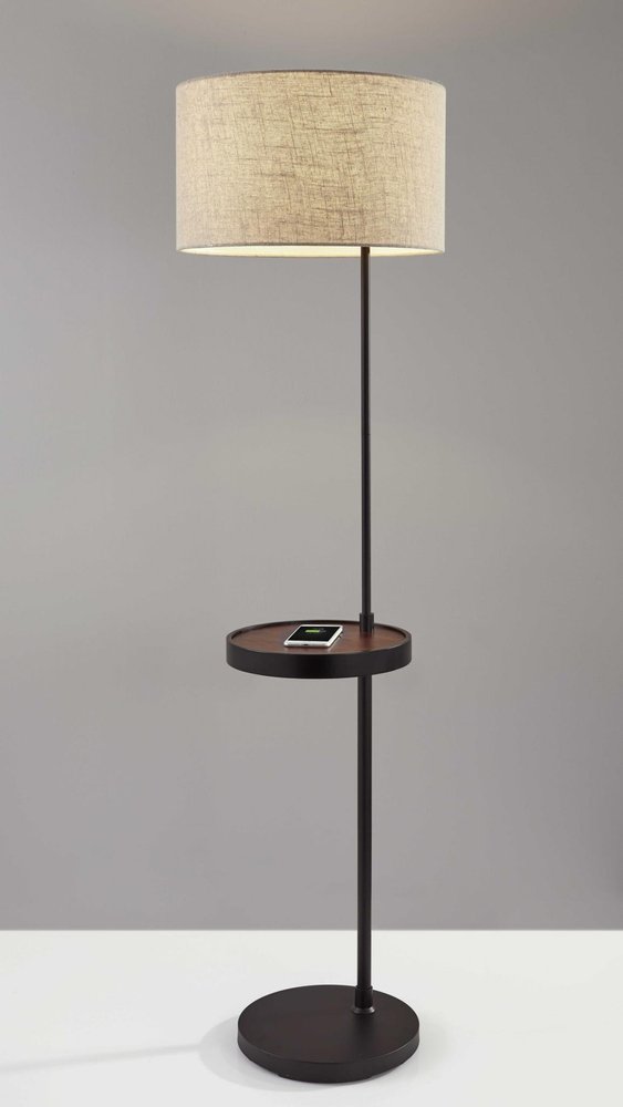 64" Beige And Black Tray Table Floor Lamp With Beige Fabric Drum Shade