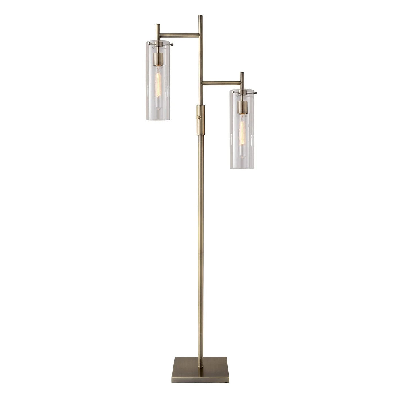 Brass Metal Two Light Novelty Floor Lamp With Clear Glass Drum Shade