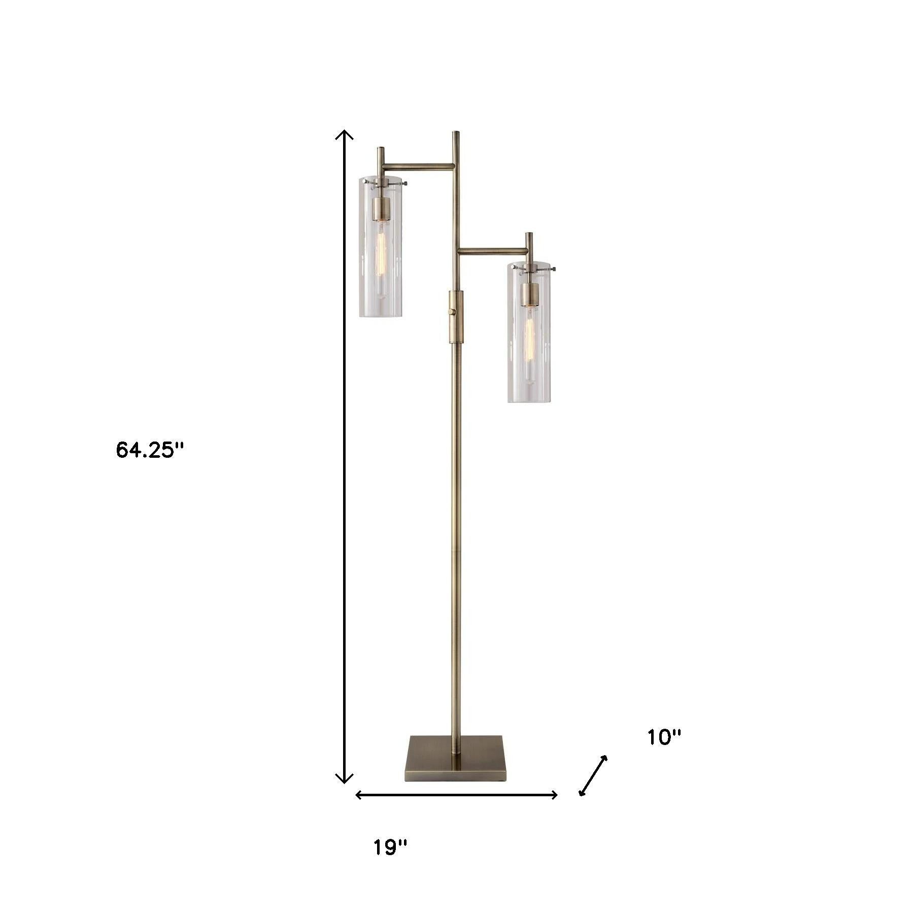 Brass Metal Two Light Novelty Floor Lamp With Clear Glass Drum Shade