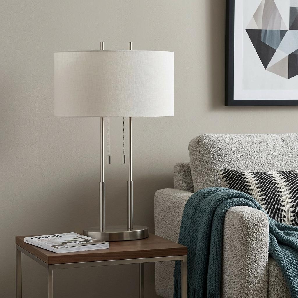 27" Silver Metal Two Light Bedside Lamp With Off White Drum Shade