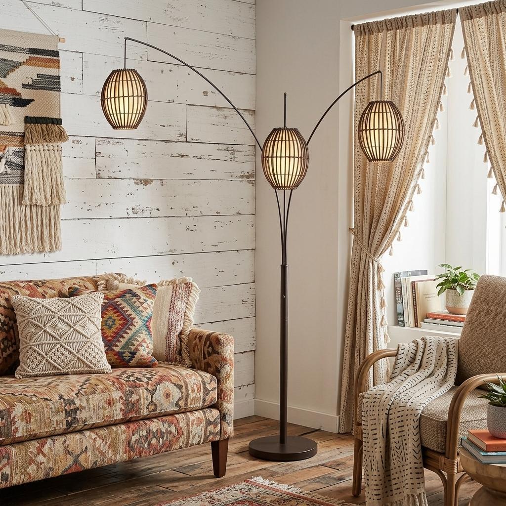 82" Bronze Three Light Tree Floor Lamp With Beige Wicker Cage Shade