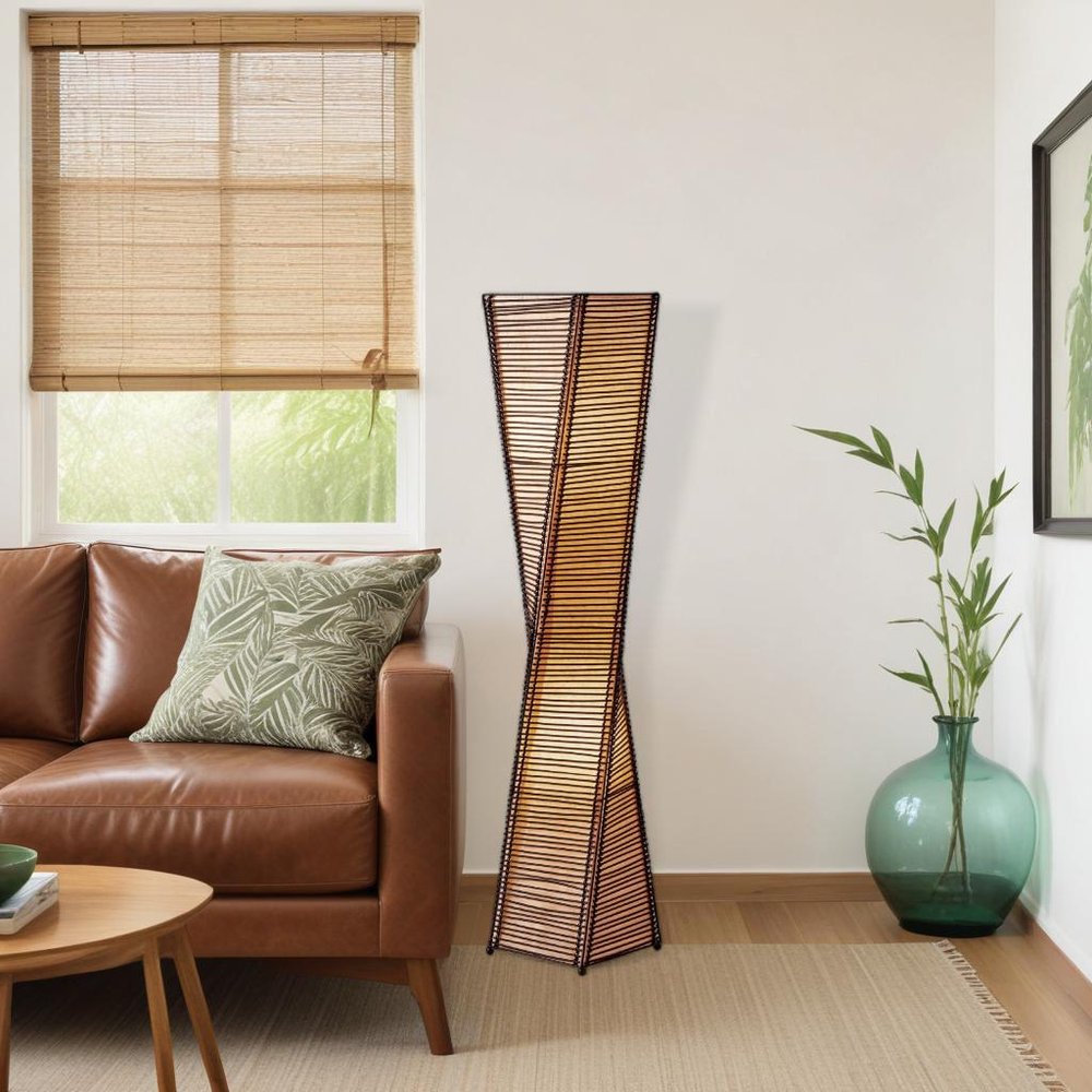 50" Black Floor Lamp With Black and Tan Twisted Cylinder Shade