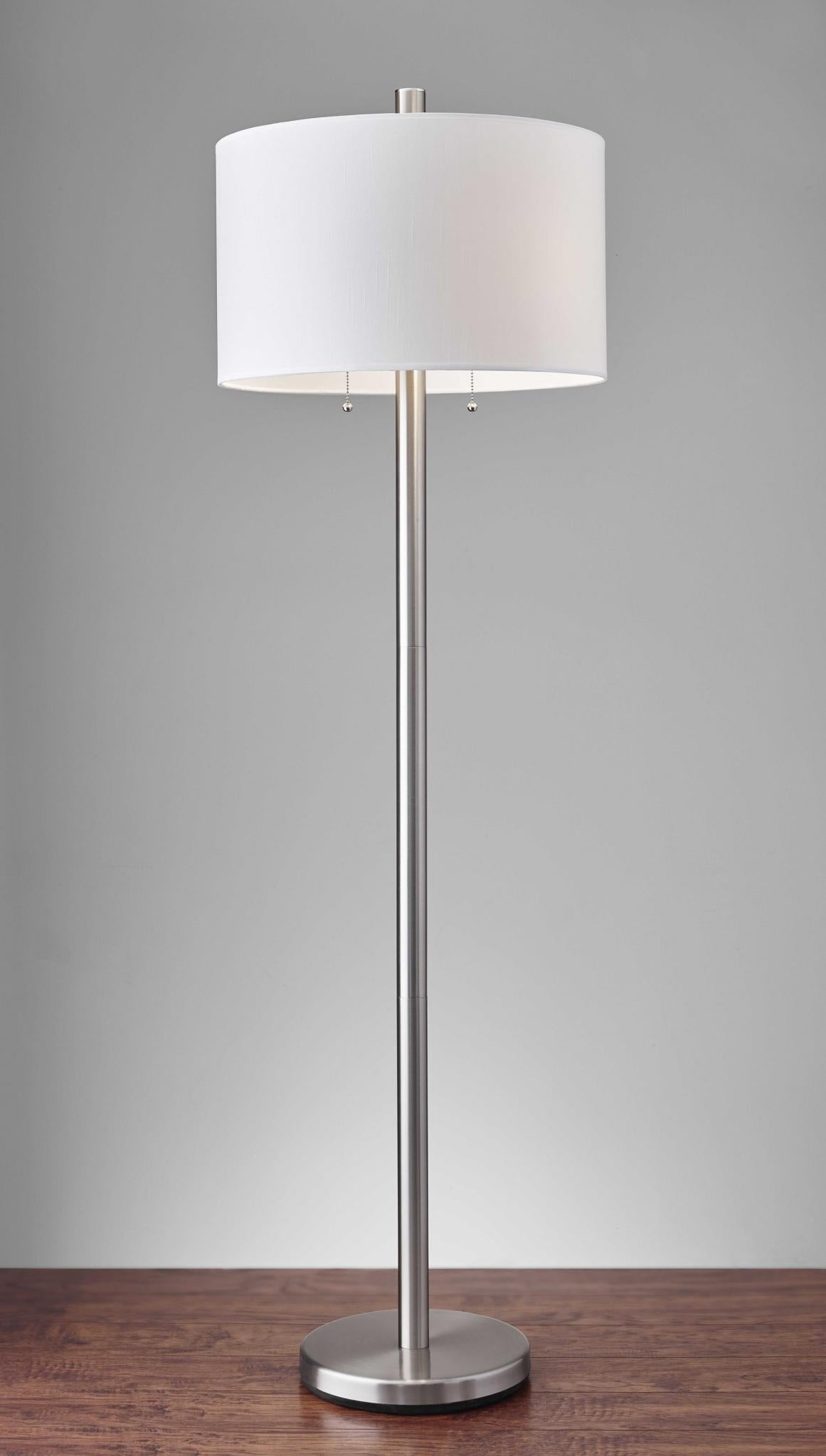 61" Silver Two Light Floor Lamp With White Fabric Drum Shade