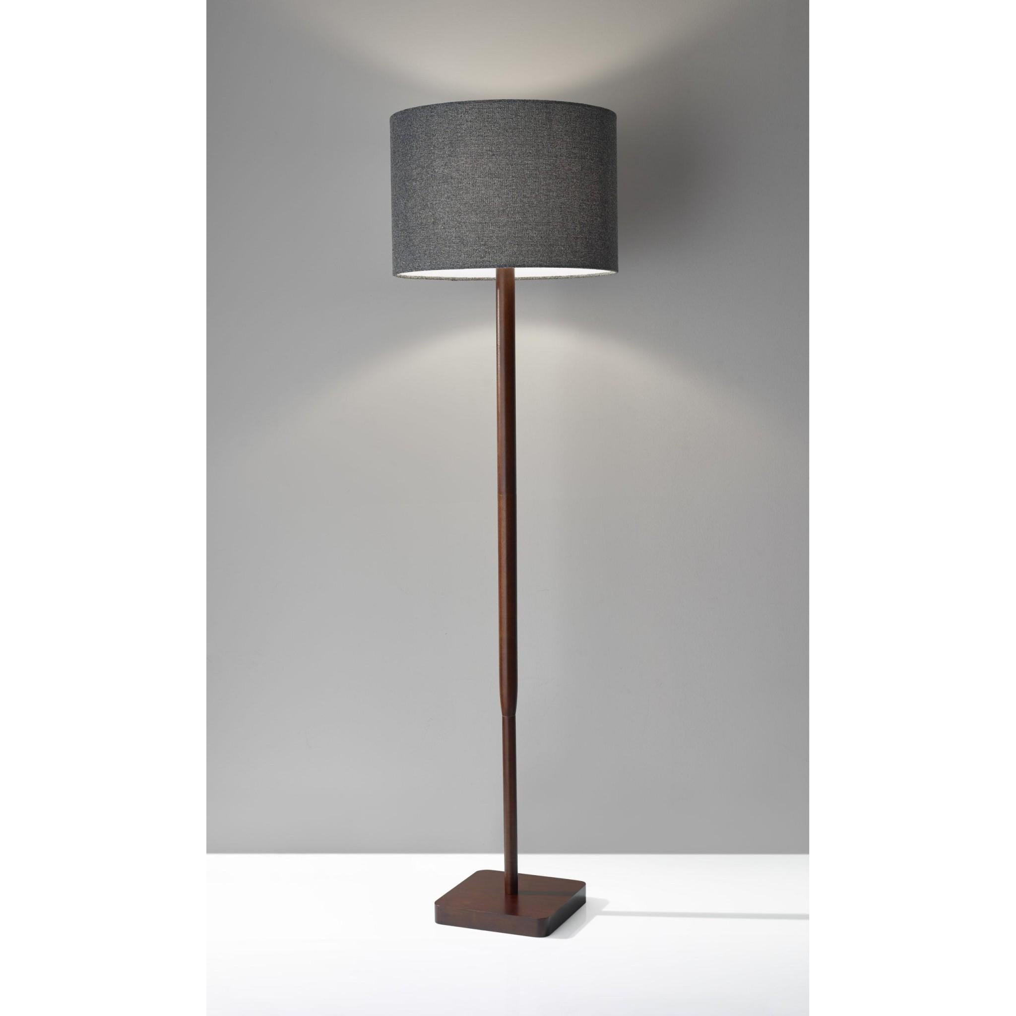 59" Brown And Black Solid Wood Floor Lamp With Dark Gray Fabric Drum Shade