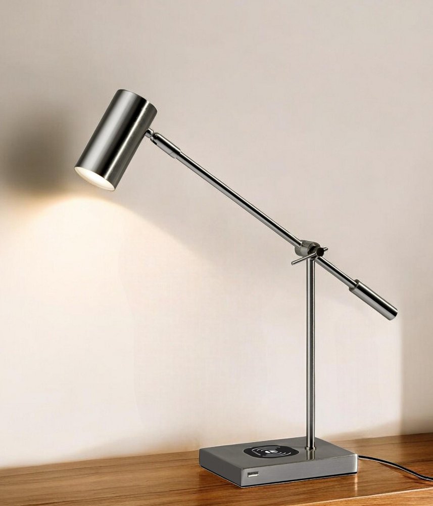 22" Black Metal Swing Arm LED Desk Lamp With USB And Antiqued Gold Cylinder Shade