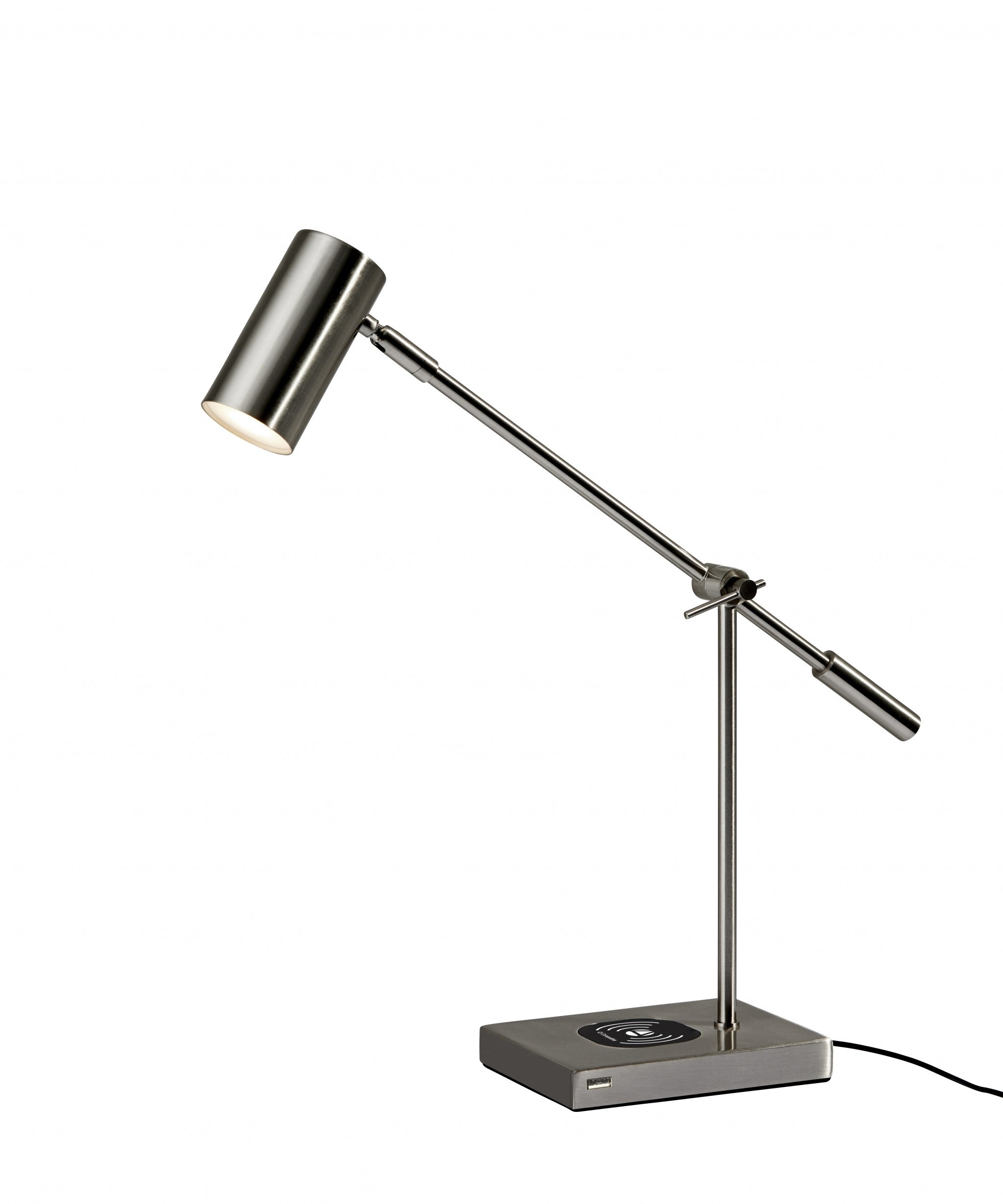 22" Black Metal Swing Arm LED Desk Lamp With USB And Antiqued Gold Cylinder Shade