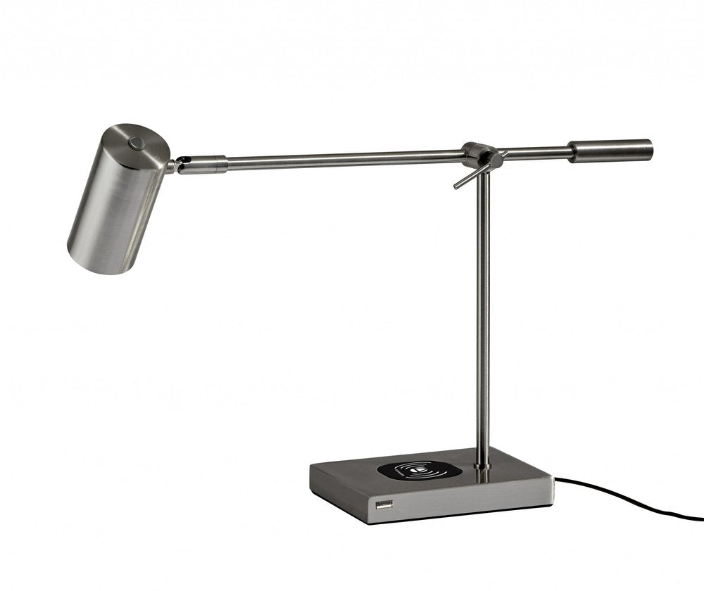 22" Black Metal Swing Arm LED Desk Lamp With USB And Antiqued Gold Cylinder Shade
