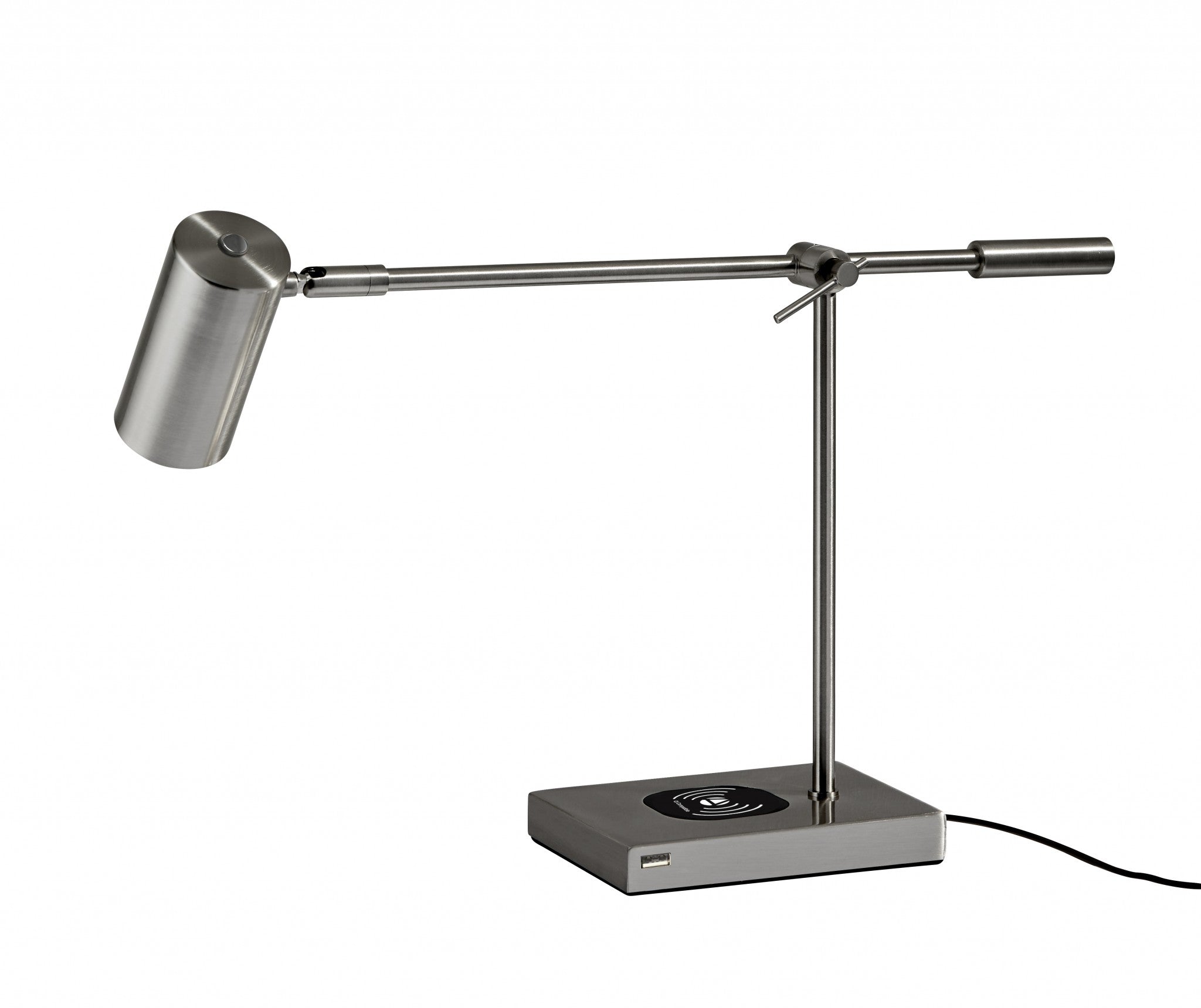 22" Black Metal Swing Arm LED Desk Lamp With USB And Antiqued Gold Cylinder Shade