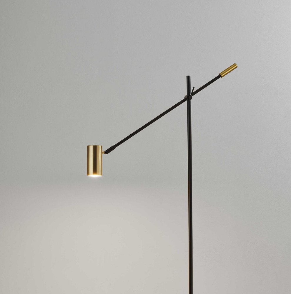 63" Black And Gold Adjustable LED Task Floor Lamp With Antiqued Brass Metal Cylinder Shade