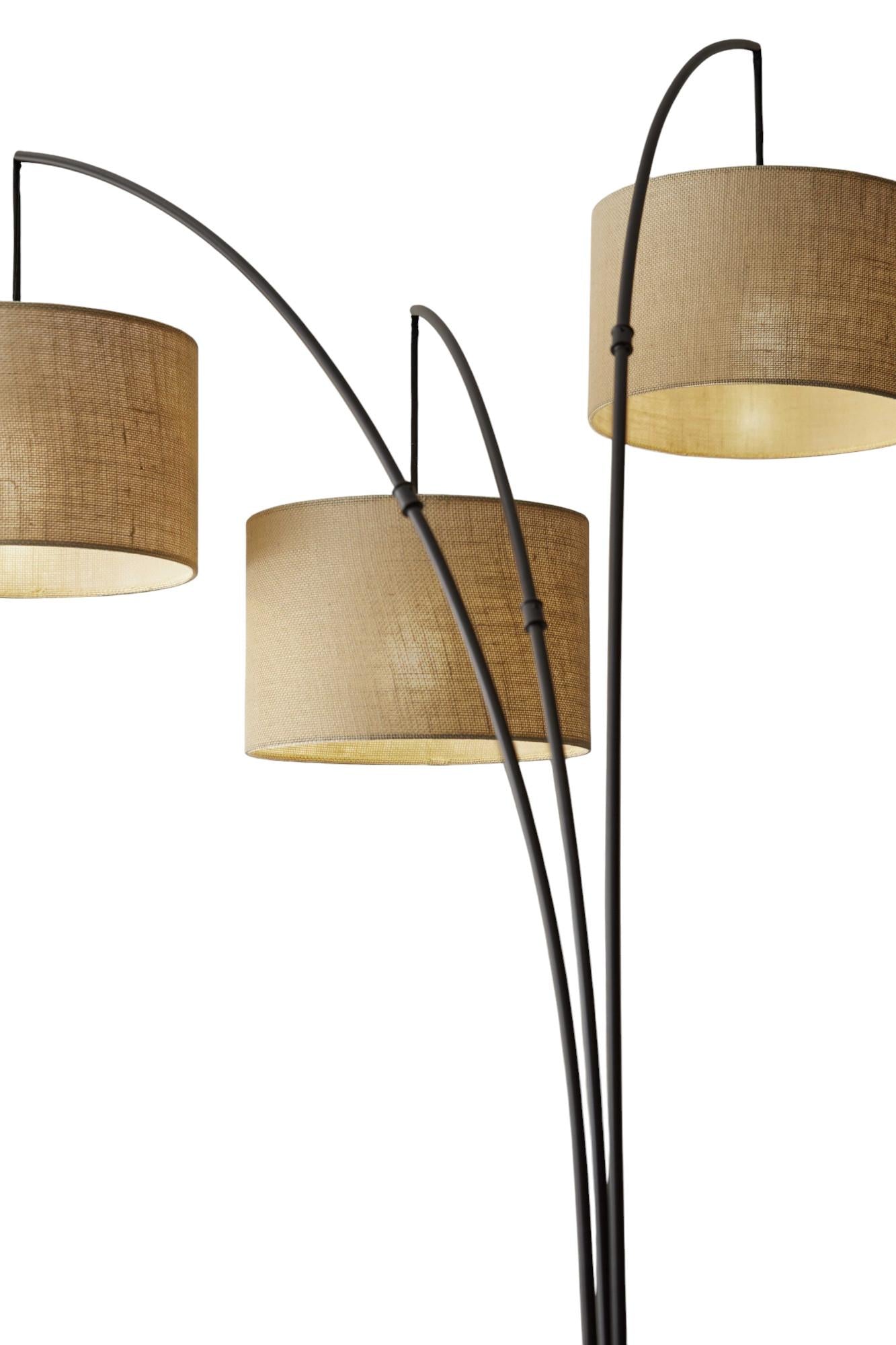 74" Bronze Three Light Tree Floor Lamp With Beige Burlap Drum Shade