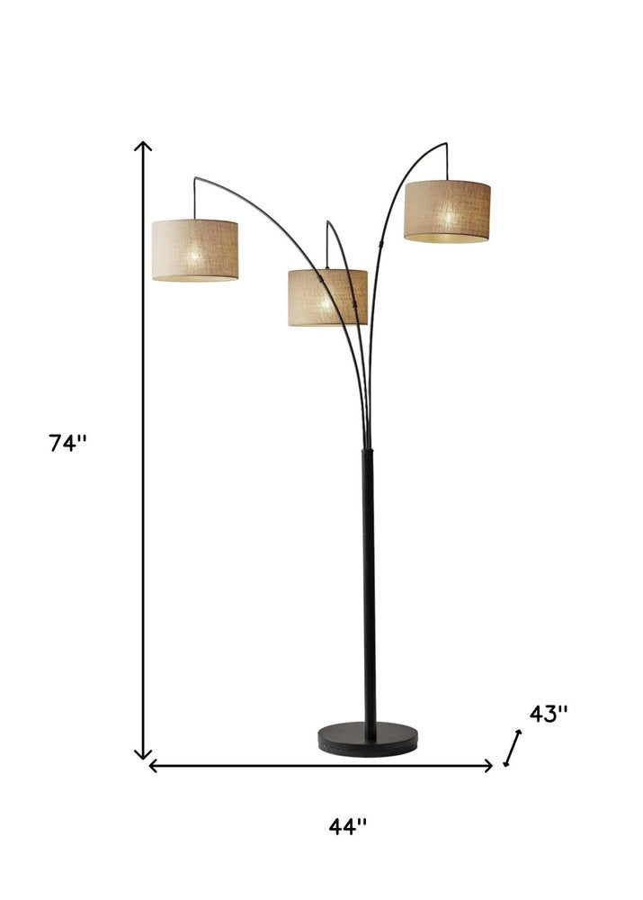 74" Silver Three Light Tree Floor Lamp With White Linen Drum Shade