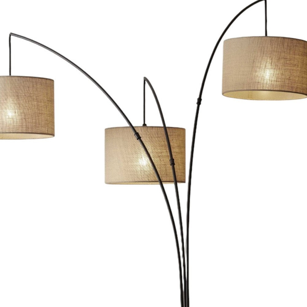 74" Silver Three Light Tree Floor Lamp With White Linen Drum Shade
