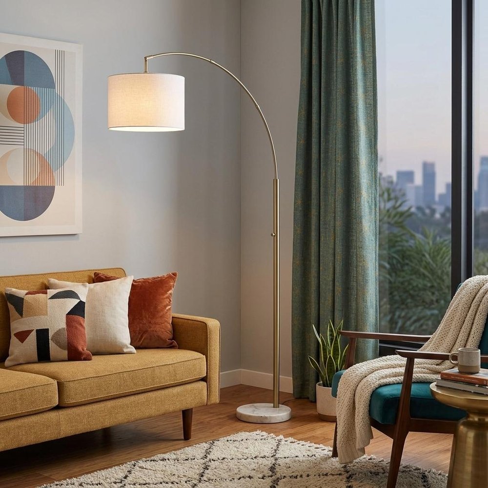 74" Brass Metal Arc Floor Lamp With Off White Linen Drum Shade