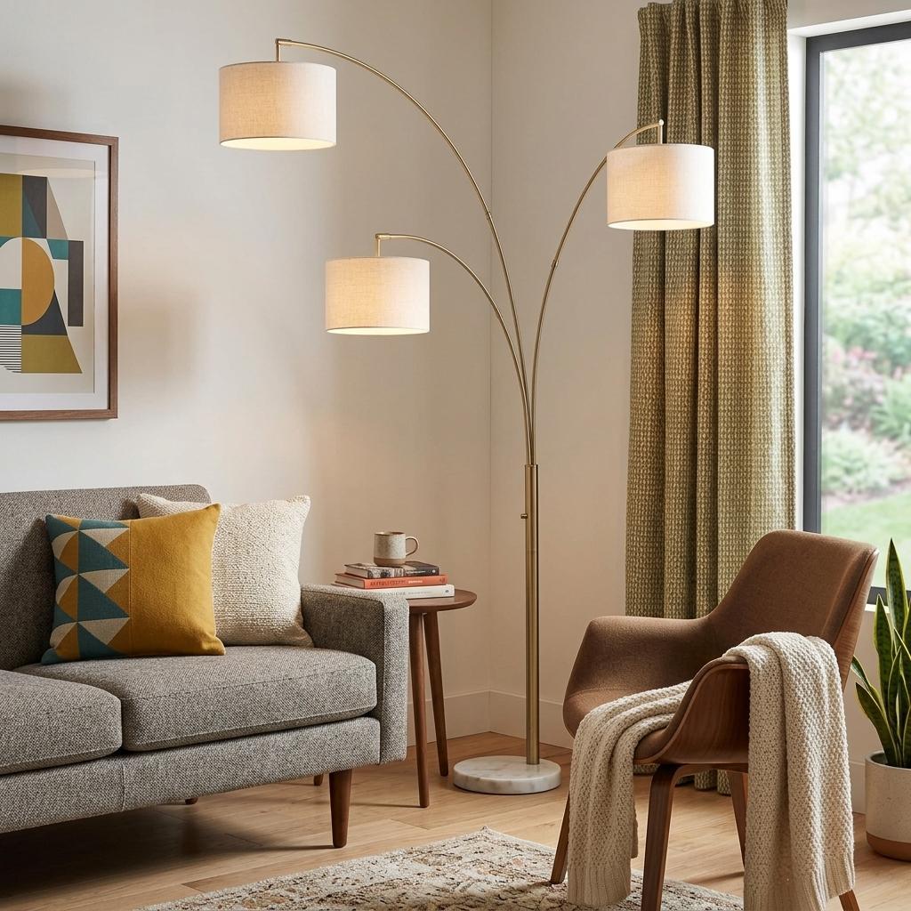 74" Brass Three Light Arc Floor Lamp With Off White Fabric Drum Shade