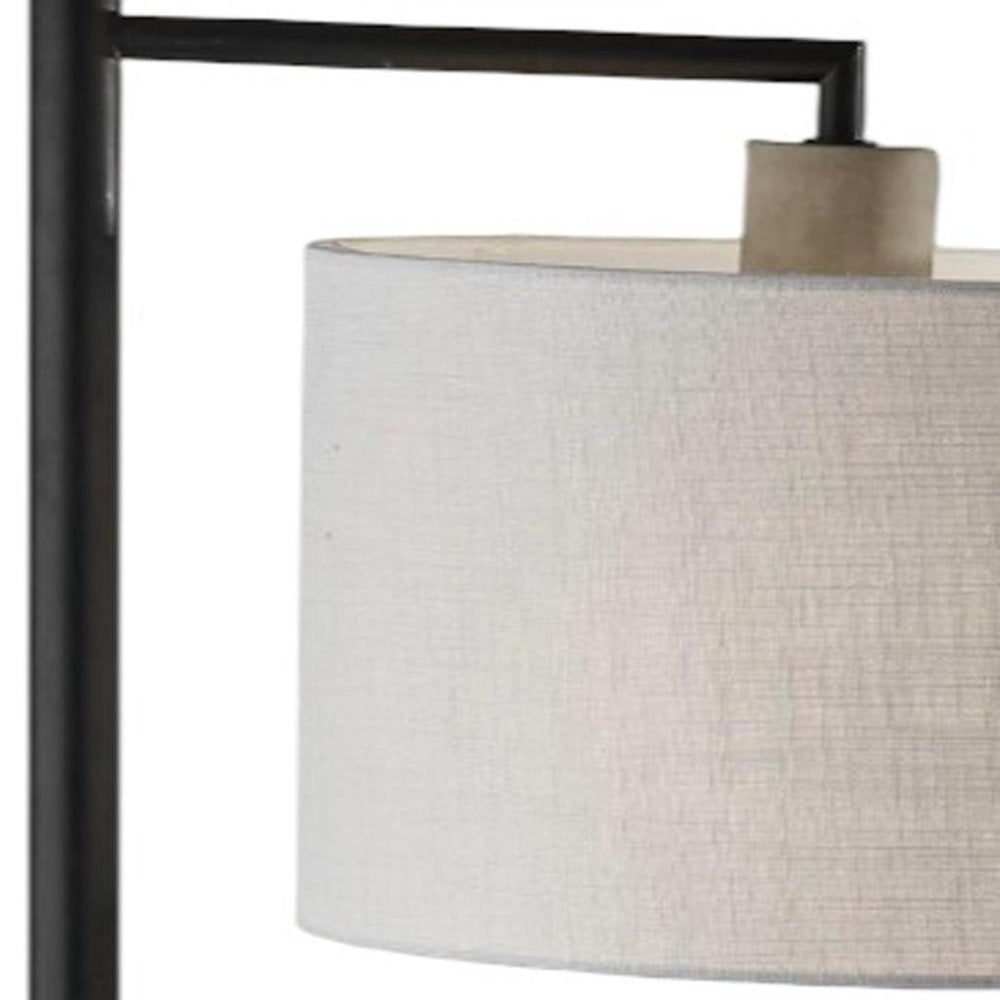 61" Grey And Black Arc Floor Lamp With White Fabric Drum Shade