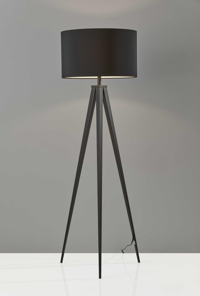 Black Metal Tripod Floor Lamp With Black Fabric Drum Shade