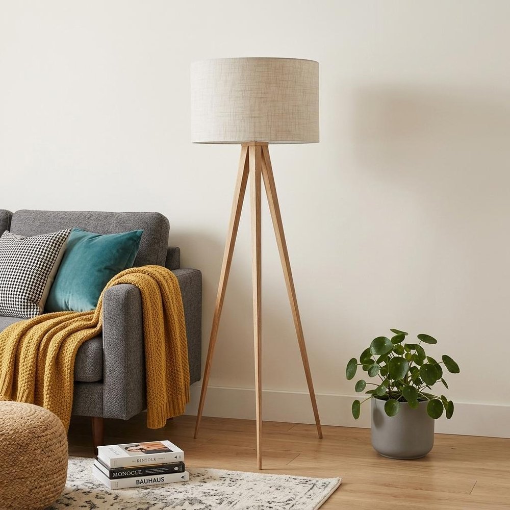 Black Metal Tripod Floor Lamp With Black Fabric Drum Shade